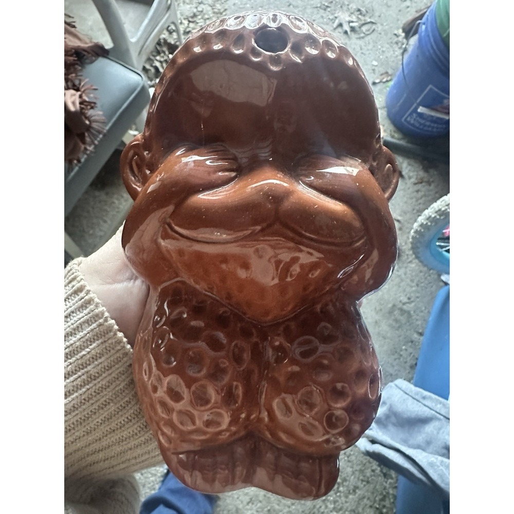 Vintage brown monkey see no evil Benihana tiki mug vase Japan